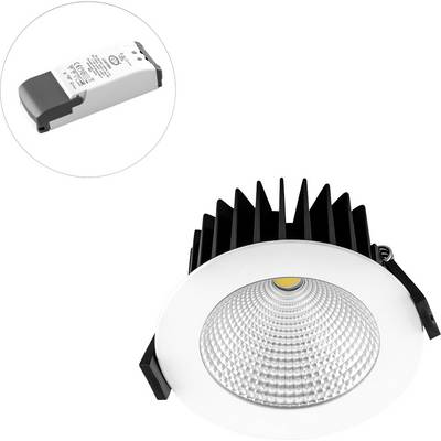 Inbouwbare LED-spotlamp met zwarte koellichaam en witte afdekring, plus aparte stuurmodule weergegeven in een inzet.
