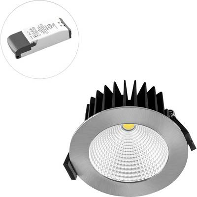 Ingebouwde LED-downlight met zilveren rand en zwarte warmteafvoer, weergegeven met een inzet van de stuurapparaat.