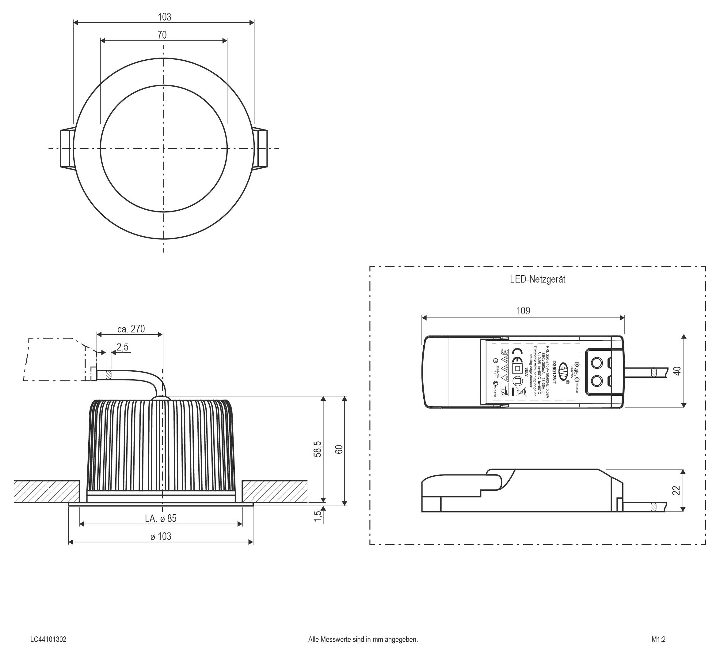 Technische dimensietekening van een rond ingebouwd LED-voedingssysteem, met bovenaanzicht, zijaanzicht en vooraanzicht met afmetingen.