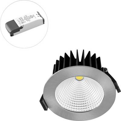 Ingebouwde LED-downlight met zilveren rand en zwarte warmteafleider, weergegeven met een apart stuurapparaat/inverter in de hoek.