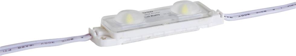 Witte LED-stripmodule met twee verlichte lampen en aangesloten bedrading, geïsoleerd op witte achtergrond.