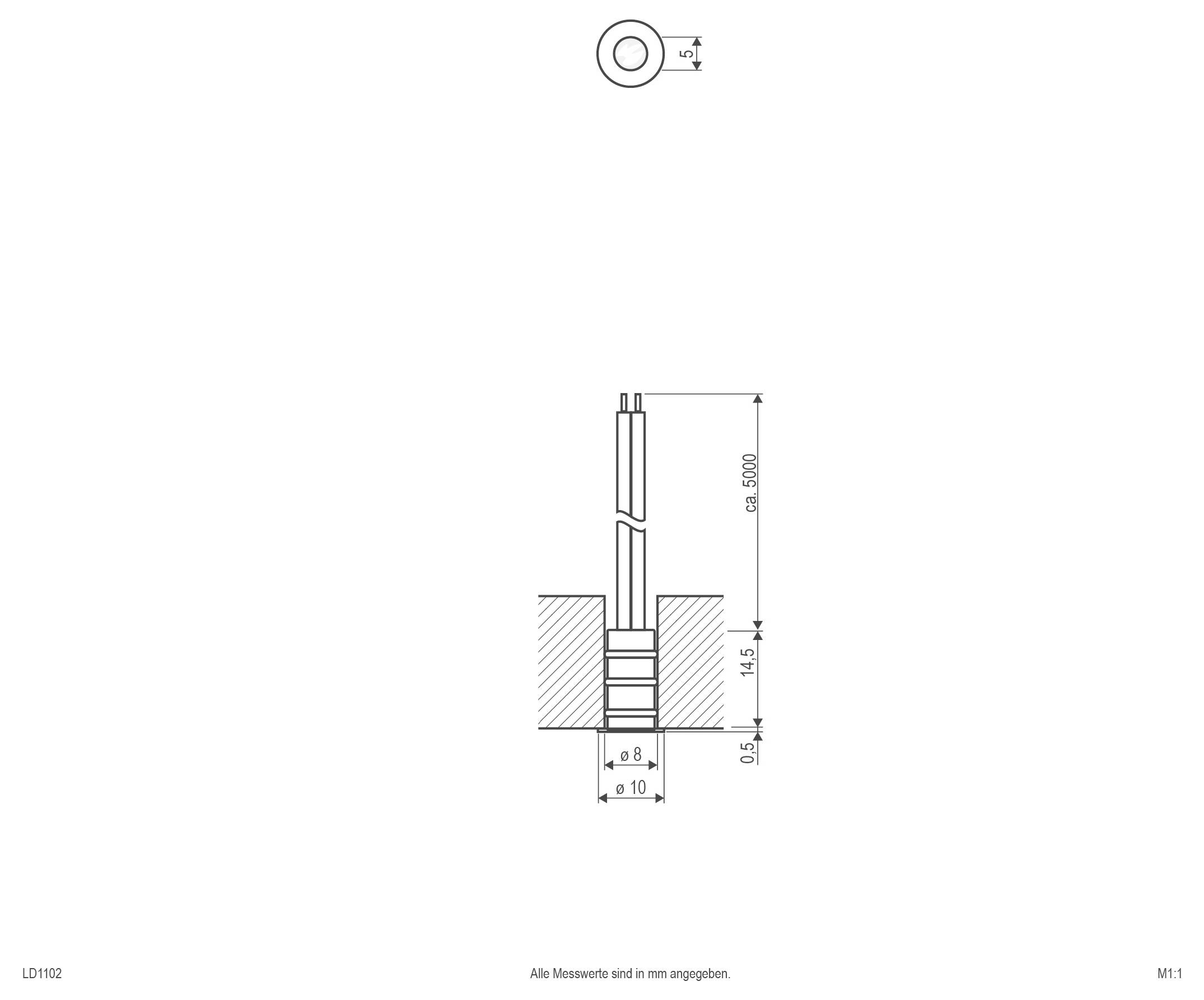 Technische dimensionaaltekening van een verticale pen of bout in een dwarsdoorsnede, die een lengte van 500 mm en diametermetingen toont, met afmetingen in millimeters.