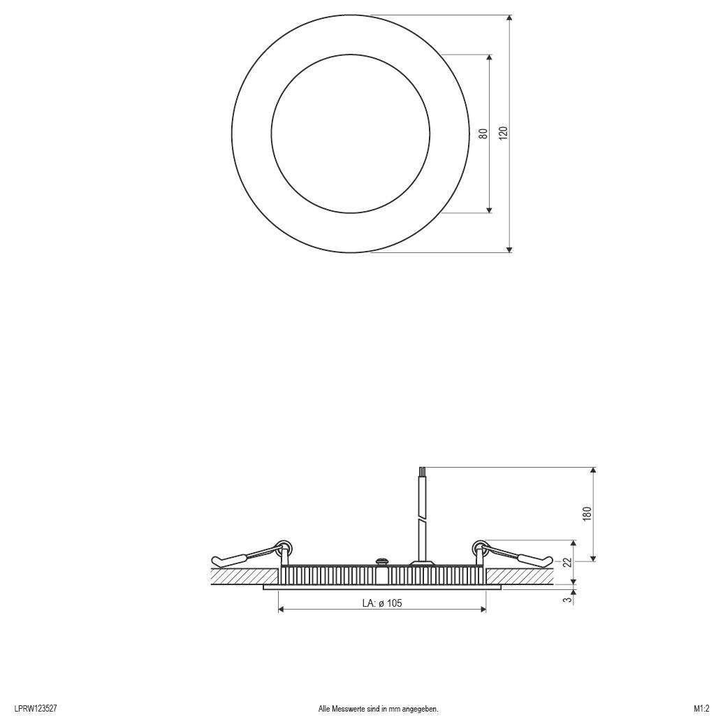 Technische tekening van een cirkelvormig onderdeel: bovenaanzicht toont concentrische ringen met buitendiameter 180 en binnendiameter 80; zijaanzicht toont een platte montage met middenstuk en dimensie 'LA = 105'.