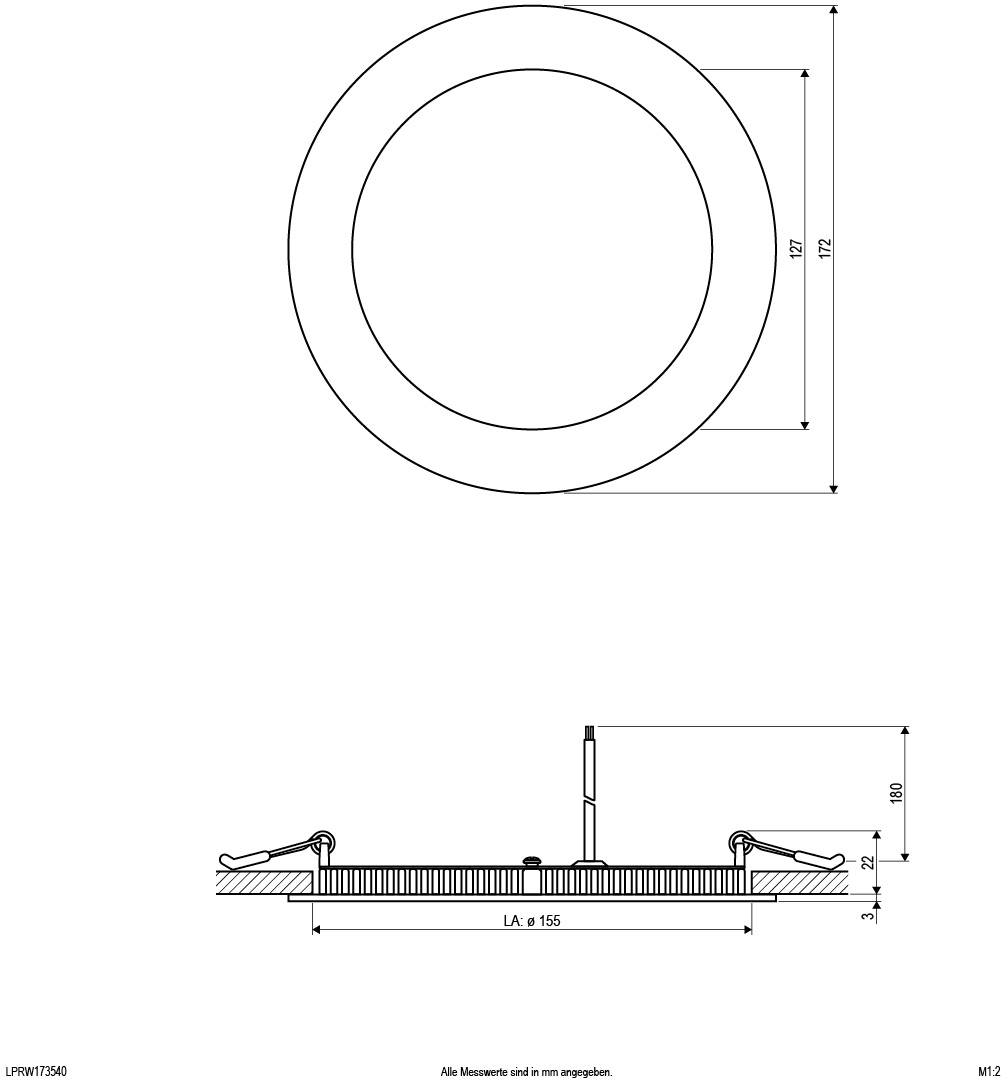 Technische tekening van een ronde LED-verlichting, toont bovenaanzicht en zijaanzicht. Diameter 172 mm, inbouwdiepte 20 mm.