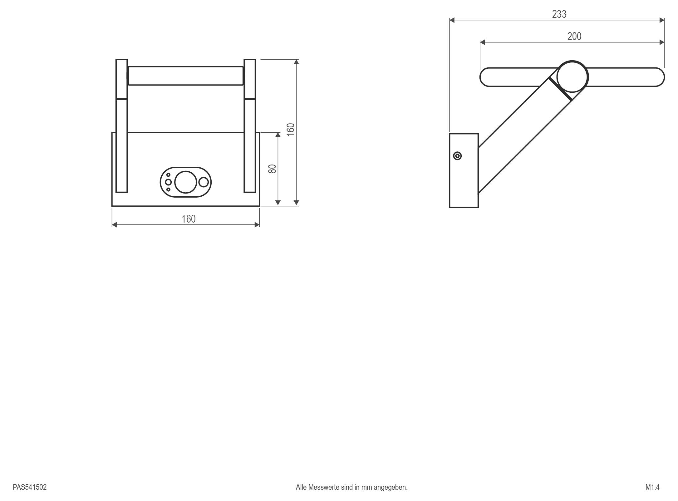 Technische dimensionaaltekening van een aan de muur bevestigde verstelbare steun, weergegeven in voor- en zijaanzicht, gelabeld 160 mm breed, 160 mm hoog, 233 mm lang en 200 mm armlengte.