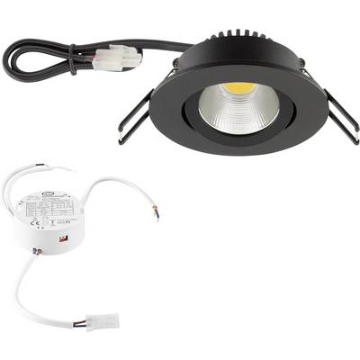 Zwarte ingebouwde LED-spotlamp met aangesloten stroomkabel, afgebeeld met een ronde stuurmodule en connector op een witte achtergrond.