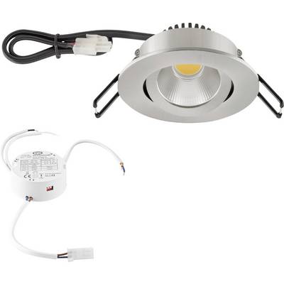 LED-inbouwspot-kit met zilveren afwerking, inclusief stroomkabel en aparte stuurunitapart getoond op een witte achtergrond.