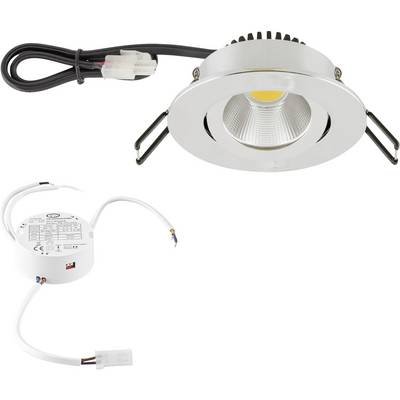 Witte ingebouwde LED-downlight-set met veerclips, zwarte stroomkabel en bijgevoegde driver, afgebeeld van voren en achteren.