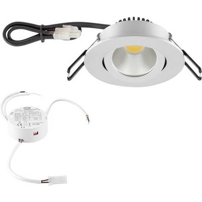 Ingebouwde LED-inbouwspot met ronde zilveren rand, aangesloten kabel en aparte driver getoond op witte achtergrond.
