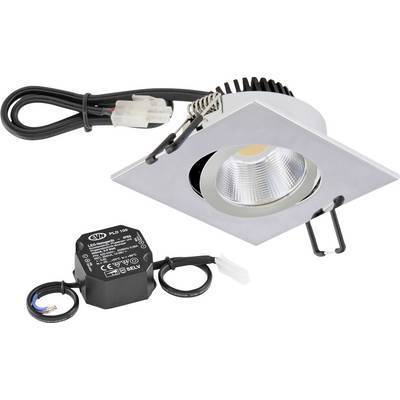 Inbouwbare LED-spotlampen met vierkante zilveren rand, lamp, veren en aparte driver met bevestigde bedrading.