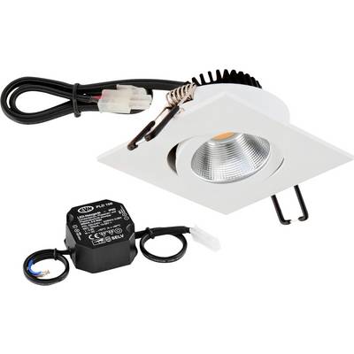 Witte inbouwbare LED-downlight met aangebrachte bedrading, veerclips en een afzonderlijke zwarte driver op een witte achtergrond.