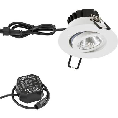 Wit ingebouwde LED-downlight met aangebouwde stromaansluitingskabel en afzonderlijke zwarte stuurmodule op witte achtergrond.