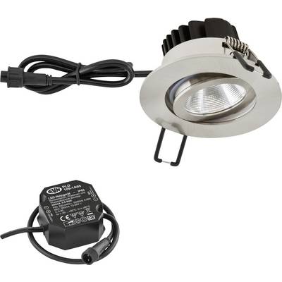 Inbouwspots LED-kitset met ronde zilveren spotlight, veerclips, aangesloten stroomkabel en aparte zwarte stuurapparatuureenheid.
