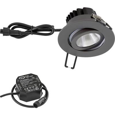 Zwart ingebouwde LED-inbouwspot met aangesloten stroomkabel en aparte stuurmodule, afgebeeld tegen een witte achtergrond.