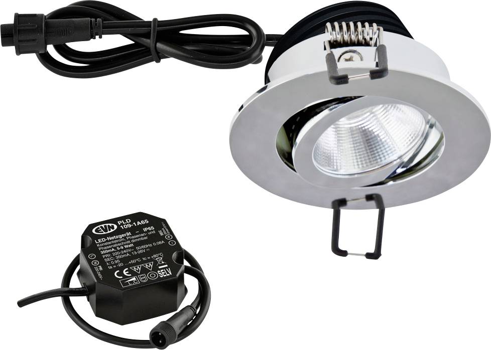 Ingebouwde LED-downlight-set met zilveren rand, aangesloten voedingskabel en aparte zwarte driver-module.