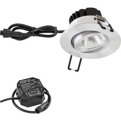 Ingebouwde LED-inbouwspot met voedingskabel en driver, weergegeven als een verlichtingsset.