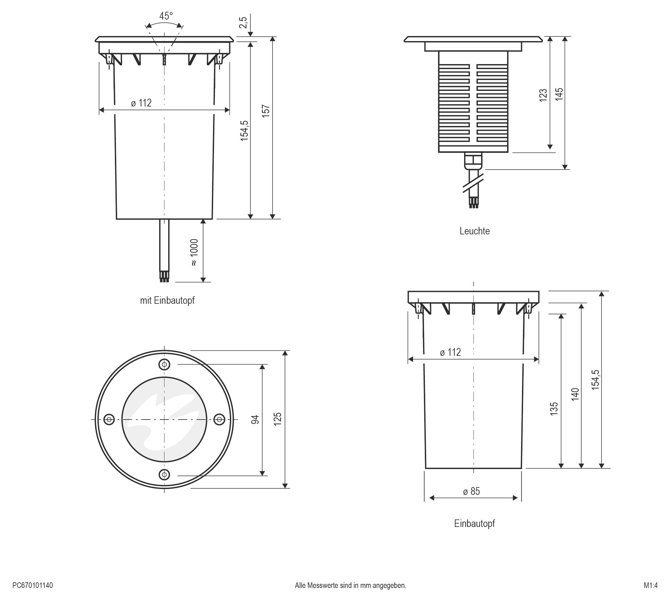 Technische dimensionaaltekeningen van een ronde inbouwlamp, weergegeven in voor-, zijde- en bovenaanzicht met afmetingen zoals 180 mm diameter en 165 mm breedte.