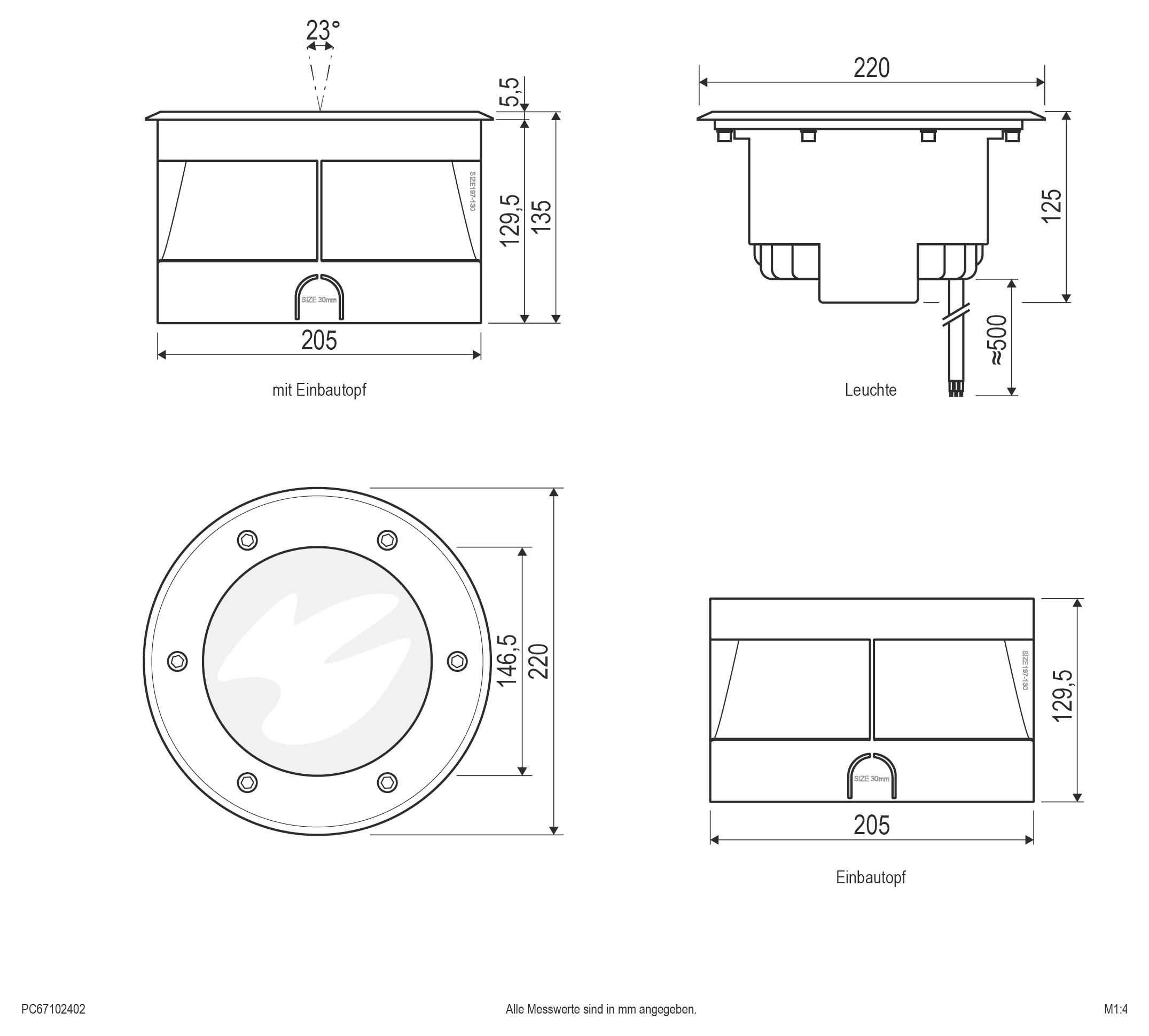 Technische dimensionetekening van een ronde inbouwlichtfixatie met voor-, zij-, boven- en installatieaanzichten, gelabeld in millimeters.