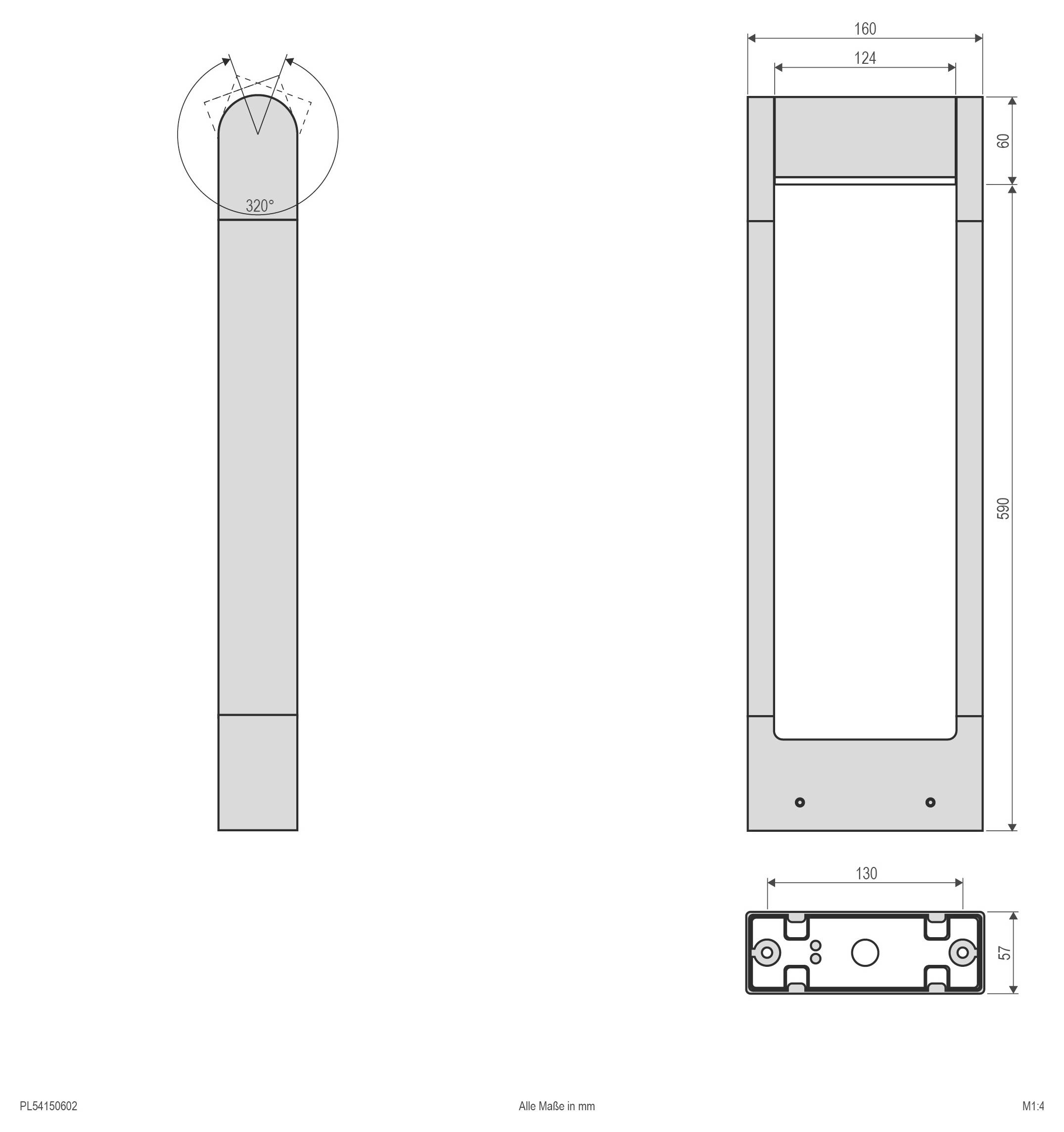 Technische uitvoering van een rond elektrisch apparaat met voor-, zij- en bovenaanzicht, met kabelverbindingen en gelabelde afmetingen in millimeters.