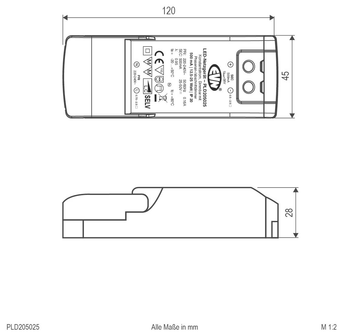 Technische tekening van een rechthoekige LED-stuurmodule met bovenaanzicht en zijaanzicht, met afmetingen van 120 mm lang, 45 mm breed en 28 mm hoog.