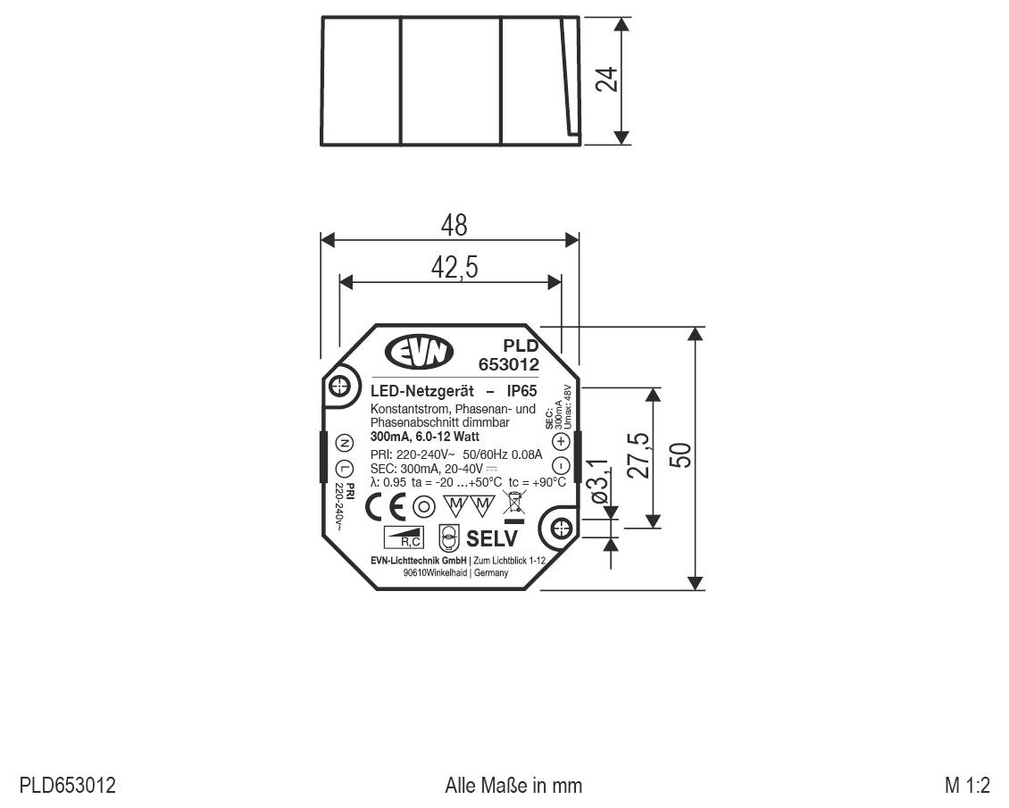 Technische tekening van een EVN PLD653012 LED-voeding, met aangegeven contourmetingen in millimeters, inclusief 48 mm breedte en 50 mm hoogte.