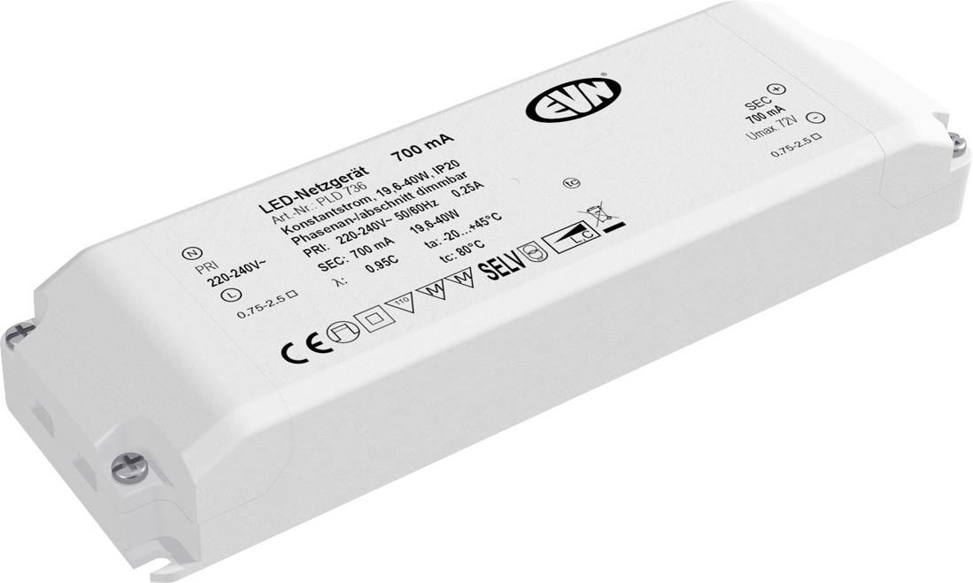 Witte rechthoekige LED-stuurvoeding gelabeld 'LED-Med' en '700 mA' met CE- en veiligheidsmarkeringen.
