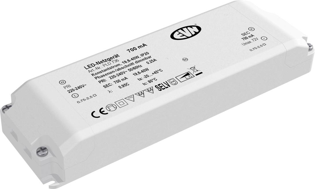 Witte LED-driver voedingsmodule met het label 'LED+ Metrox 700 mA' met CE- en veiligheidsmarkeringen.