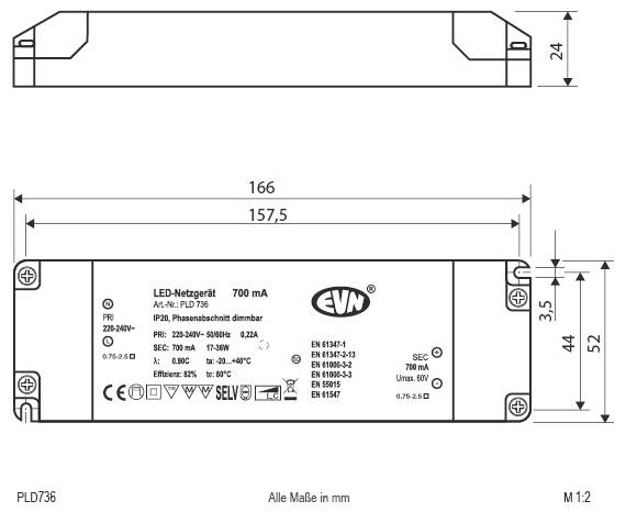 Technische tekening van een EVN LED-voeding, met voor- en zijkanten met afmetingen in millimeters en gelabelde specificaties.