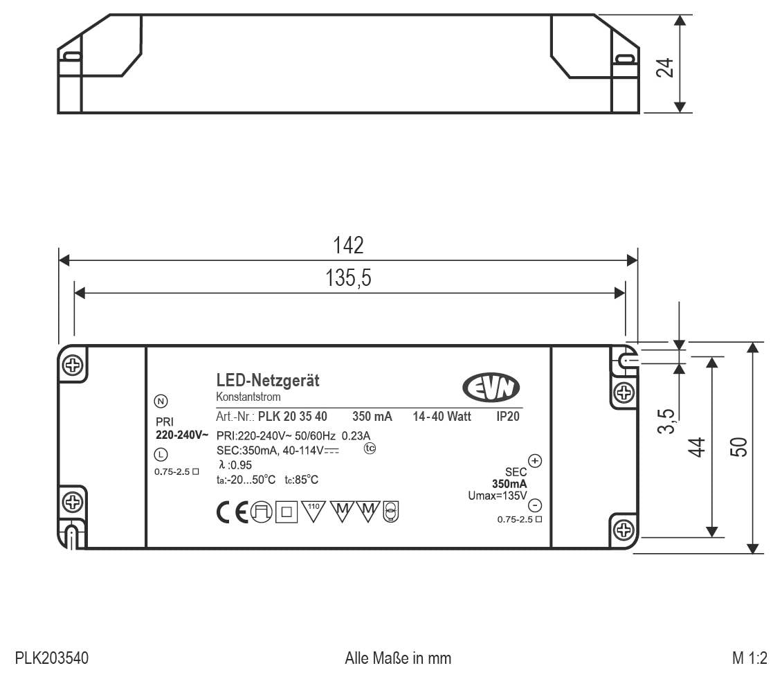 Technische tekening van een LED-voeding met zij- en frontaanzichten met afmetingen; gelabeld 'LED-Netzgerät' en maten in mm.