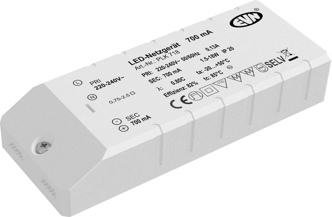 Witte LED-voedingsstuurschakeling gelabeld 'LED-Netzgerät 700 mA' met bedrading en veiligheidssymbolen aan de bovenkant.
