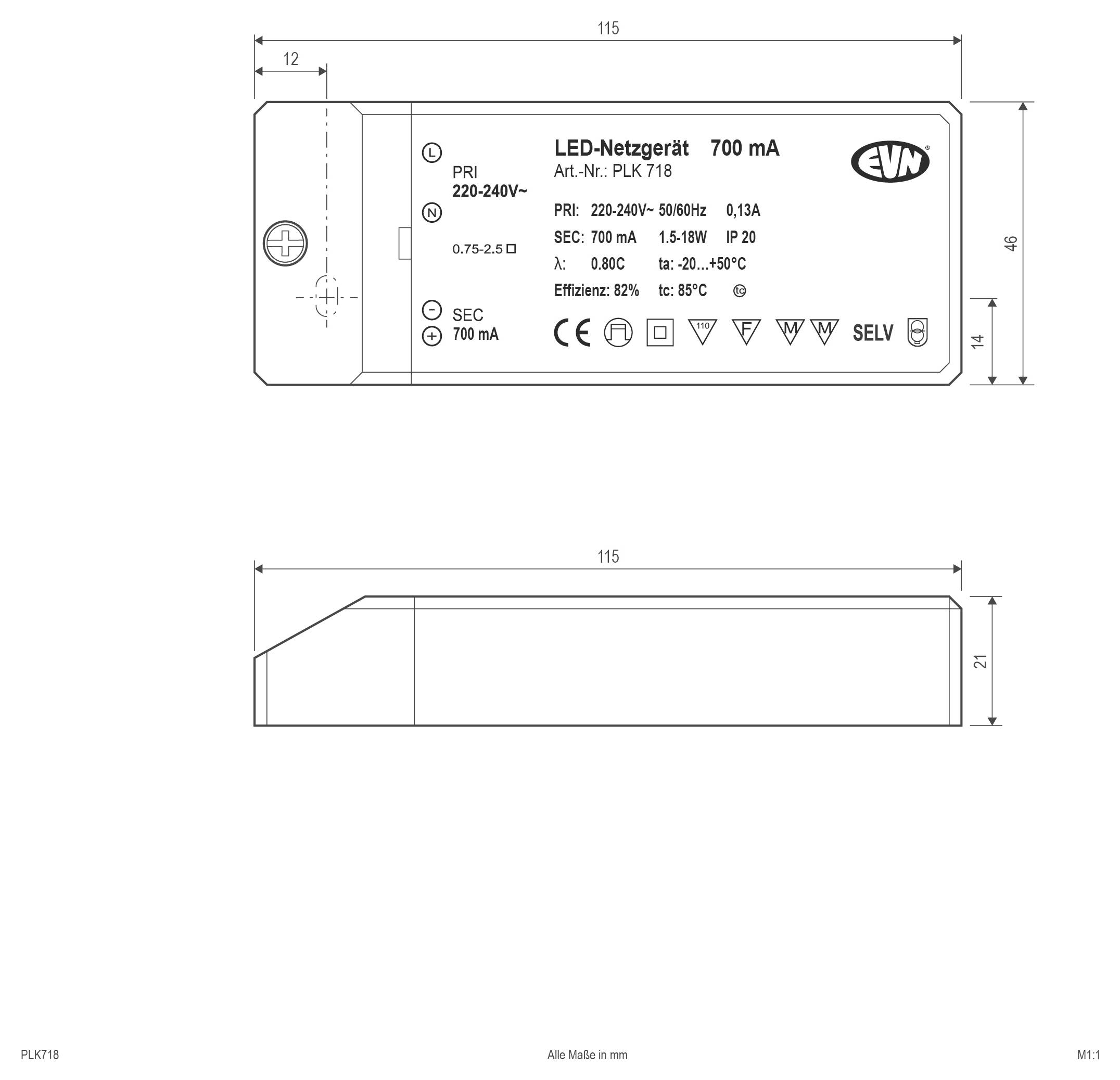 Technische dimensionering van een EVM LED-voeding, met voor- en zijkanten met afmetingen van 115 x 46 x 21 mm en gedrukte elektrische specificaties.