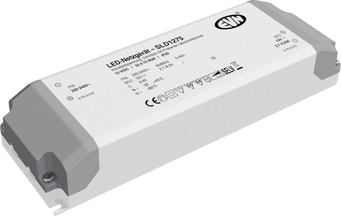 Witte LED-voedingsvoeding drivermodule gelabeld 'LED-Netzgerät - SLD 2275' met grijze eindkappen, weergegeven in productweergave op een witte achtergrond.