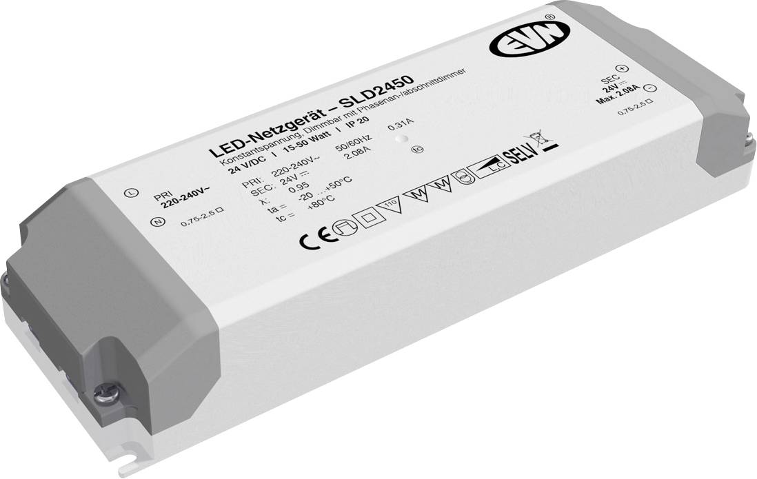Wit LED-voedingseenheid gelabeld 'LED-Netzgerät - SLD2450', met grijze eindkappen en gedrukte elektrische specificaties op de behuizing.