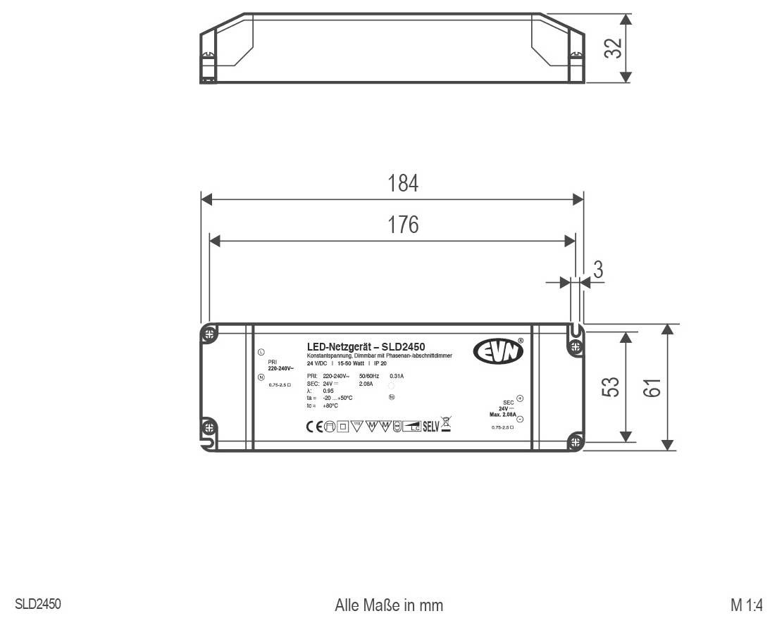 Technische tekening van een LED-voeding met label SLD2450, met voor- en zijkanten met afmetingen in millimeters: 184, 176, 61, 53, 32 en 3.