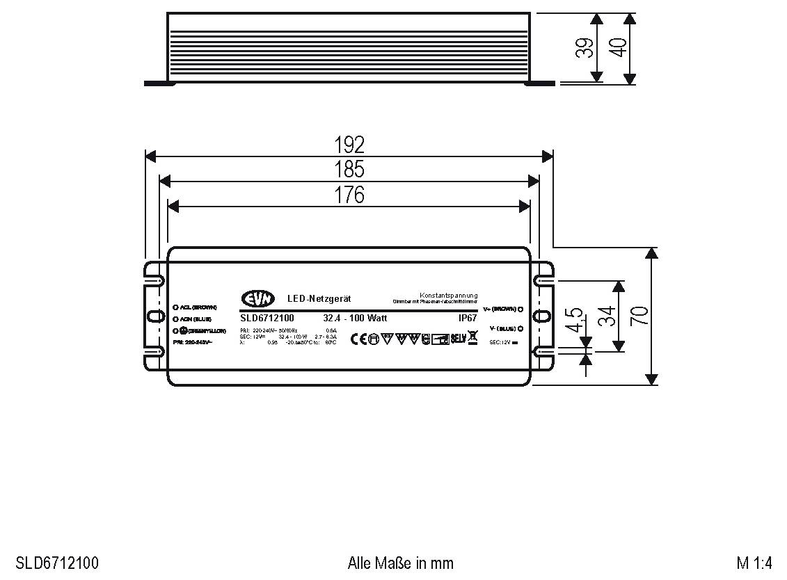 Technische tekening van een LED-driver met zijde- en bovenaanzichten, met afmetingen in millimeters: 192, 185, 176 lengte en 39, 40, 45, 34, 70 hoogte/breedte.