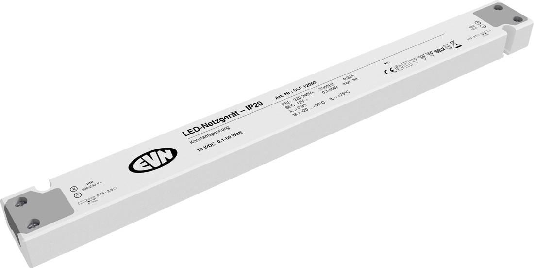 Witte rechthoekige LED-voeding gelabeld 'LED-Netzgerät' met EVN-logo en technische specificaties op de bovenkant afgedrukt.
