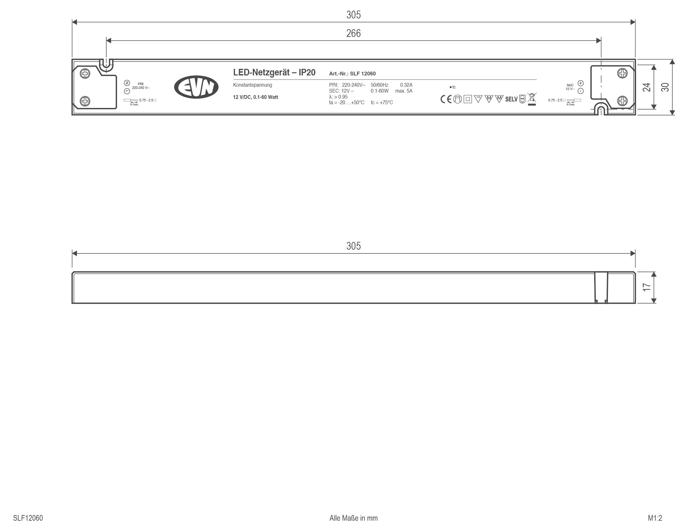 Technische tekening van een EVN LED-voeding IP20, met voor- en zijweergaven met afmetingen van 305 mm lang, 29 mm hoog en 17 mm diep.