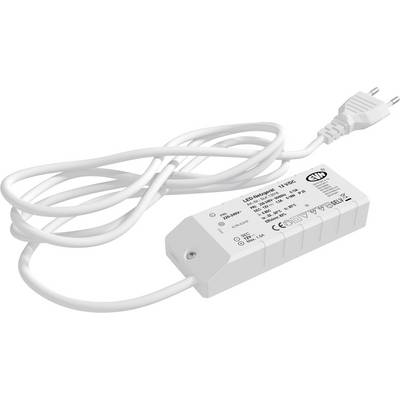 Witte LED-drivervoeding met bijgevoegde snoeren en stekker, weergegeven op een effen achtergrond.