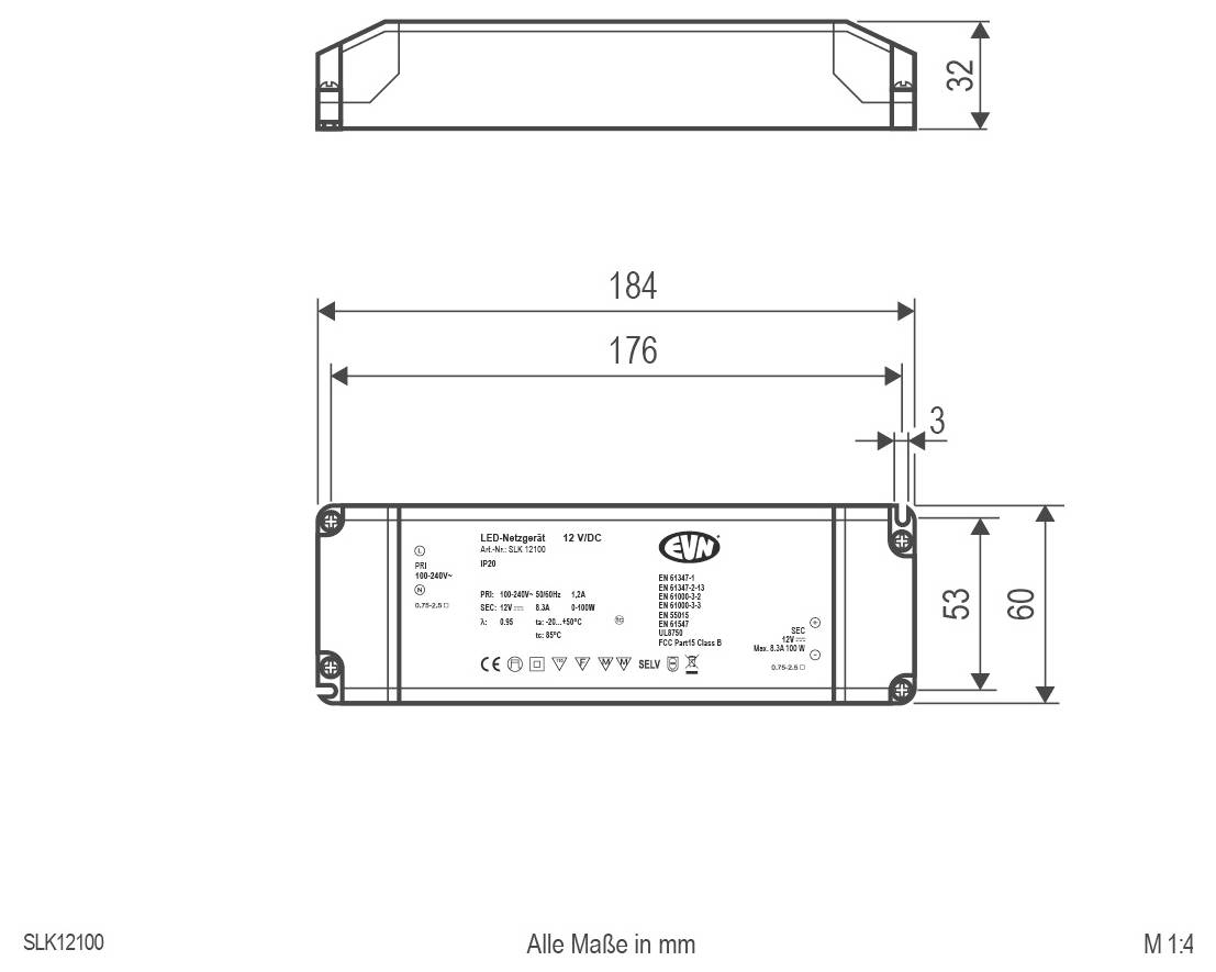 Technische dimensionaaltekening van een rechthoekige LED-driver, met voor- en zijanzichten met afmetingen in millimeters, inclusief 184 mm lengte, 60 mm hoogte en 32 mm diepte.