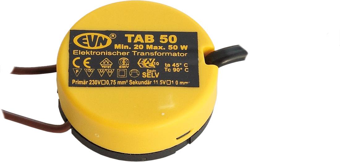 Gele ringvormige elektrische transformator gelabeld 'GMW TAB 50' met bruine kabels en technische specificaties afgedrukt op het toplabel.