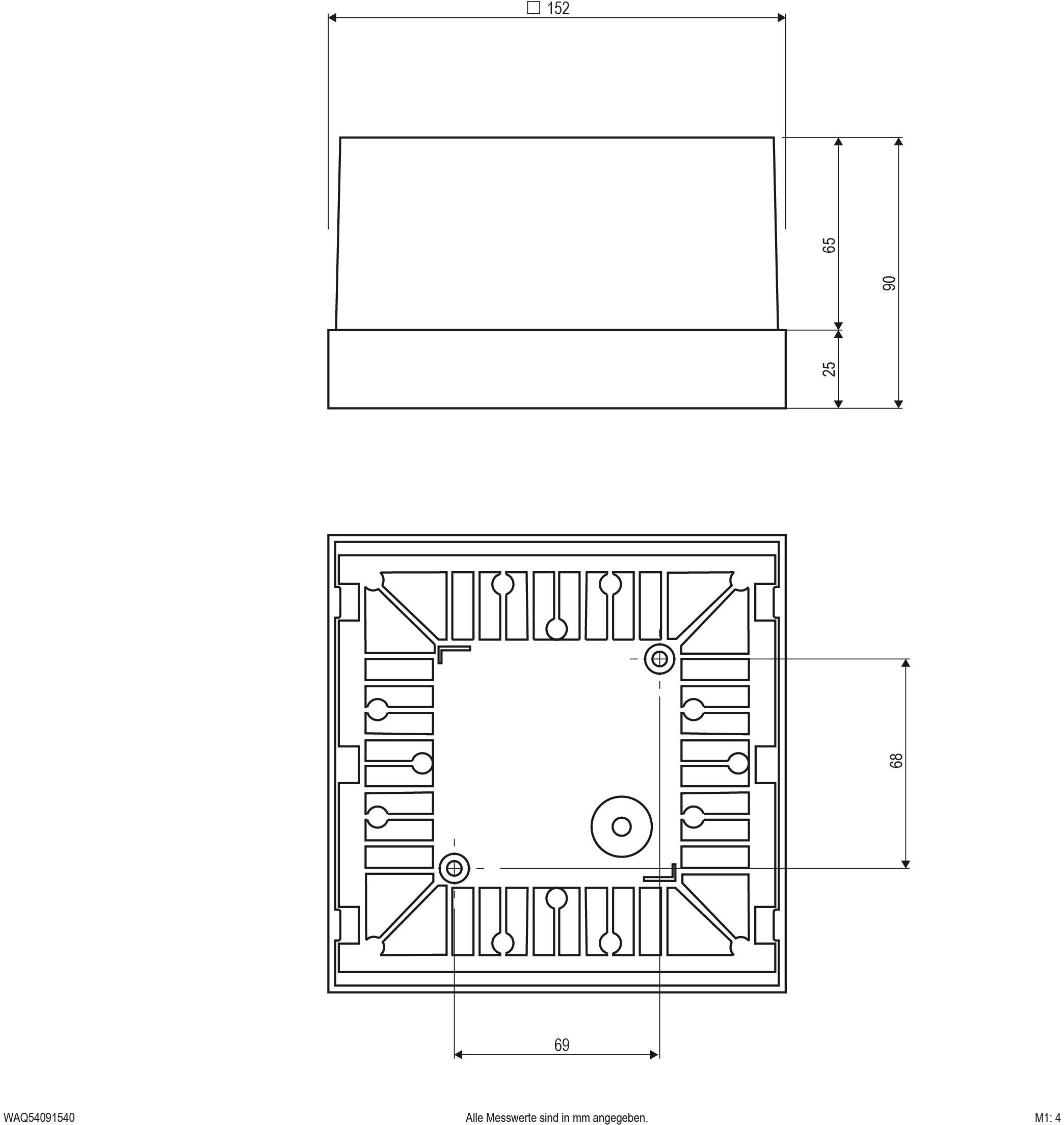 Technische tekening van een rechthoekige elektronicabehuizing. Afmetingen: 152 mm breedte, 85 mm hoogte, 69 mm diepte aangegeven.