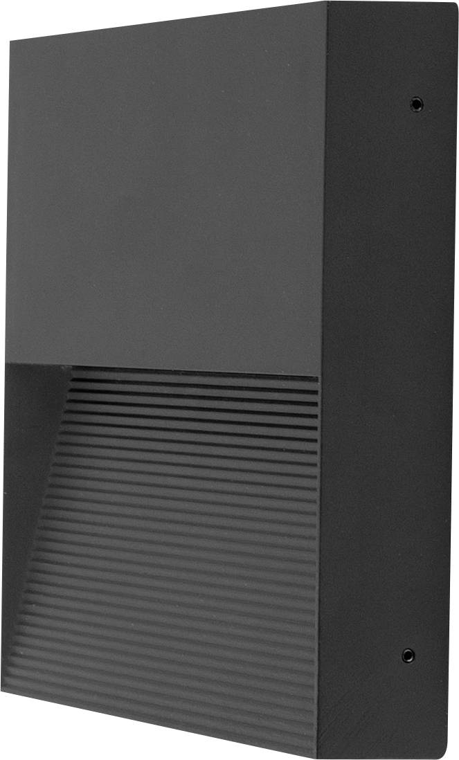Zwart rechthoekig aan de muur gemonteerd ventilatie- of luidsprekerpaneel met gesloten lamellengedeelte in het onderste gedeelte en twee zichtbare schroefgaten aan de rechterkant.