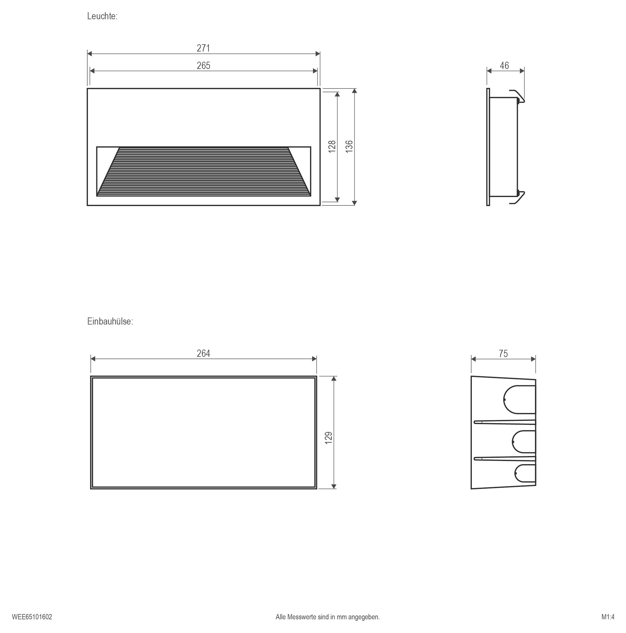 Technische dimensionetekening van een verlichtingsarmatuur en montageuitsparing, met voor-, zijde- en installatieafmetingen aangegeven in millimeters.