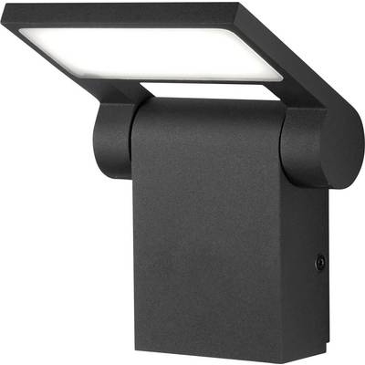 Zwarte buitenmuurlamp met een rechthoekig LED-lichtpaneel, weergegeven op een witte achtergrond.