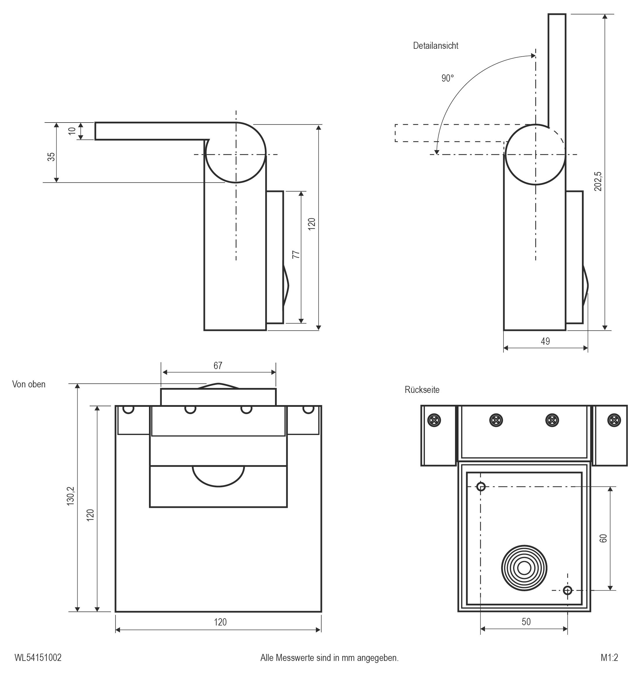 Technische getekende tekening van een rechthoekig scharnier-/sluitcomponent, weergegeven in zijkant-, geroteerde zijkant-, bovenkant- en achterkantaanzichten met afmetingen in millimeters.