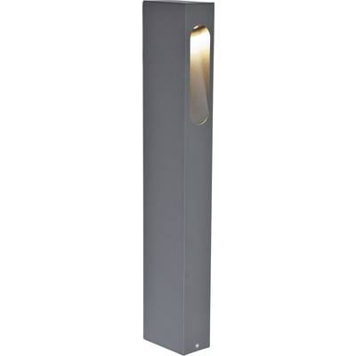 Hoog grijs rechthoekig buitenlichtarmatuur met een verticale ovale opening die warme verlichting bovenaan toont.