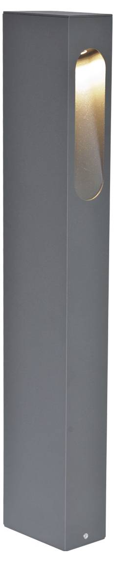 Hoge grijze buitenpaaltjeslamp met een smalle verticale opening die warm licht binnenin toont.