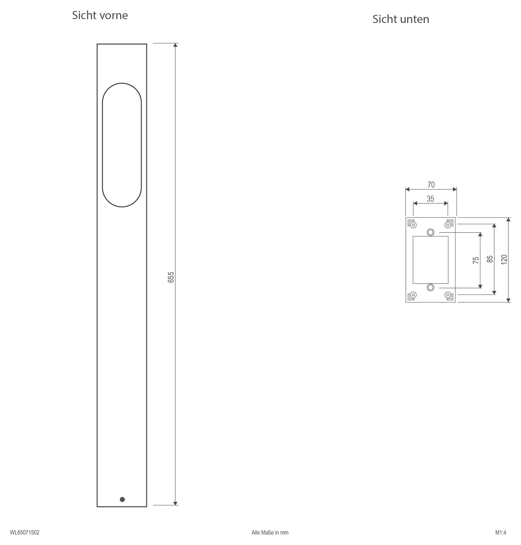 Technische tekening van een lang, smal metalen plaatje met een langwerpige sleuf, weergegeven in voor- en onderaanzicht met afmetingen in millimeters.