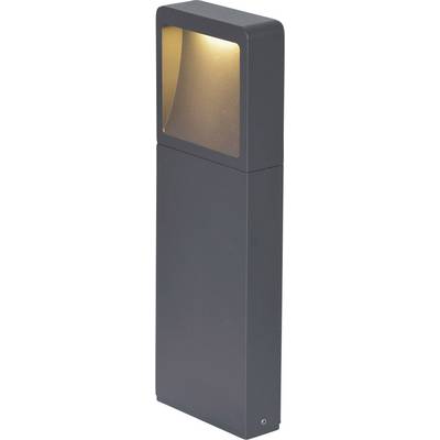Donkergrijs buitenwandlicht met een warm gloeiiend bovenpaneel en lang rechthoekig lichaam.