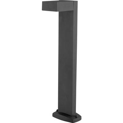 Hoge zwarte rechthoekige staande lamp met een L-vormige bovenkant en ovale voet op een witte achtergrond.